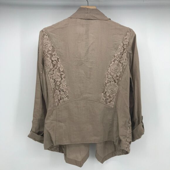 Chicos Jacket Womens Medium Tan Waterfall Open Front Roll Tab Sleeve Lace Panels - Picture 2 of 10